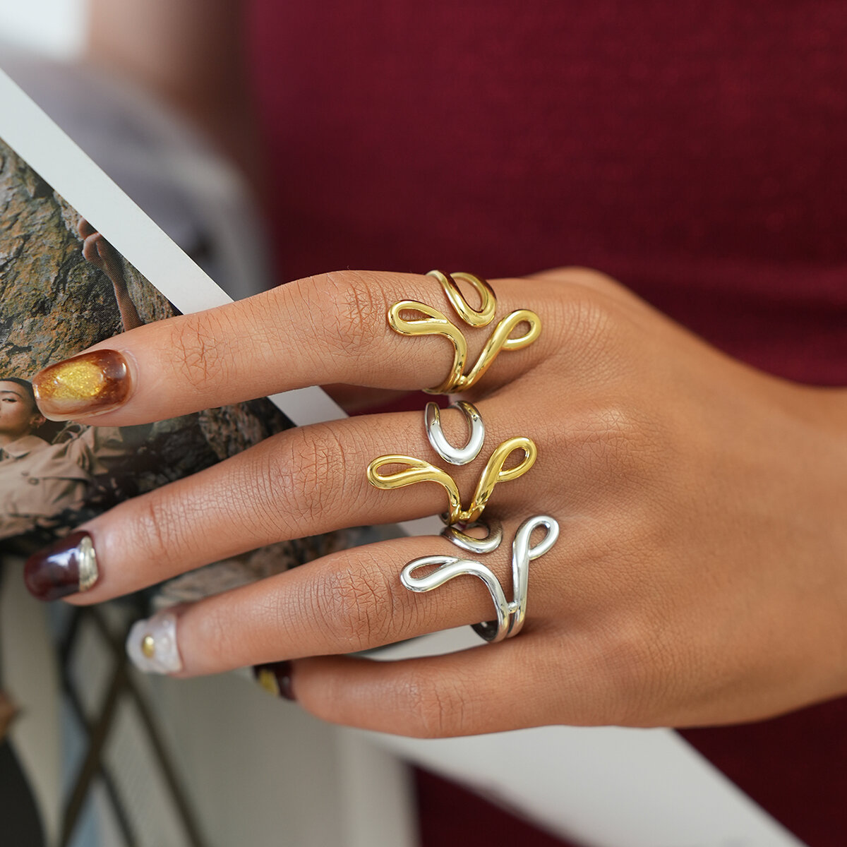 1 Piece Simple Irregular Shape Lines Stainless Steel Waterproof  Gold Color Women's Statement Rings