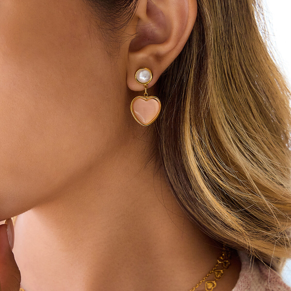 1 Pair Sweet Pink Heart Stainless Steel Waterproof Gold Color Women's Drop Earrings Picture4