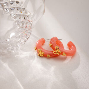 1 Pair Romantic Pink Resin Bow Knot Gold Color Women's Hoop Earrings h5 Picture4