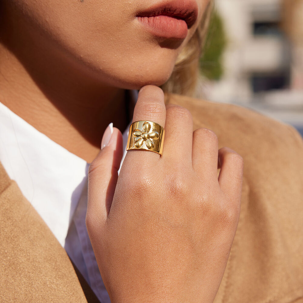 1 stuk prachtige statement ring van roestvrij staal met bloemenpatroon, waterdicht en goudkleurig. h5Afbeelding4