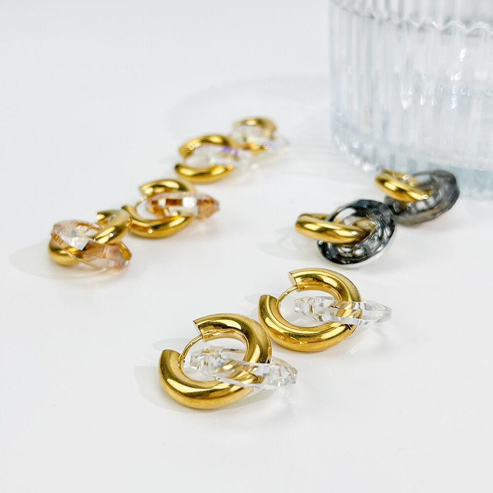 1 Pair Circle Stainless Steel Waterproof Gold Color Glass Drop Earrings Picture3
