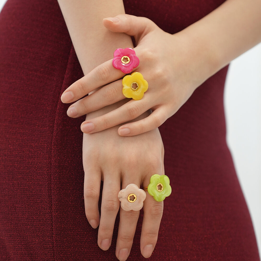 1 Piece Seewt Colorful Acrylic Flower Stainless Steel Waterproof Gold Color Statement Rings Picture3