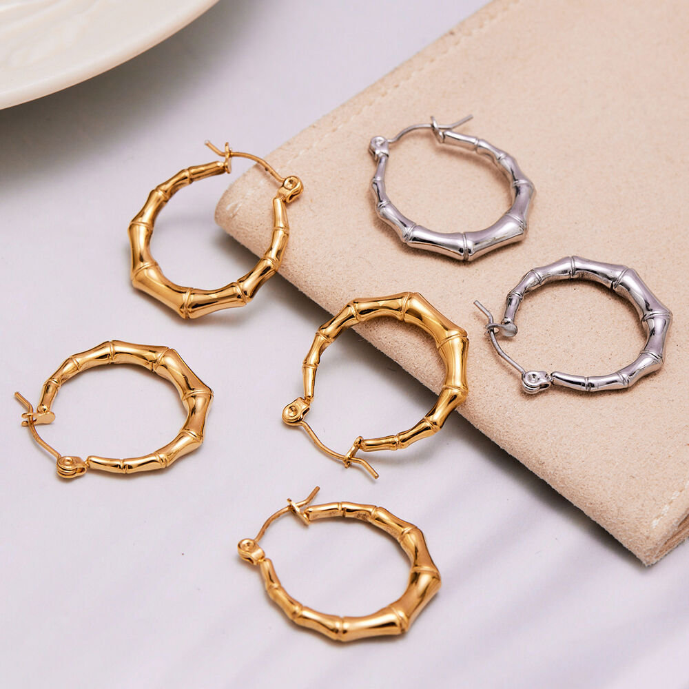1 Pair Daily Patchwork Stainless Steel Waterproof Gold Color Women's Hoop Earrings h5Picture3