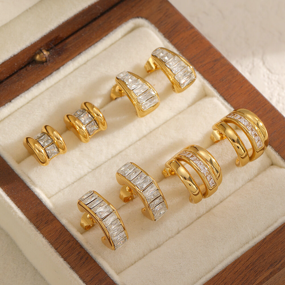 1 Pair C-shape Stainless Steel Waterproof Gold Color Rhinestone Hoop Earrings