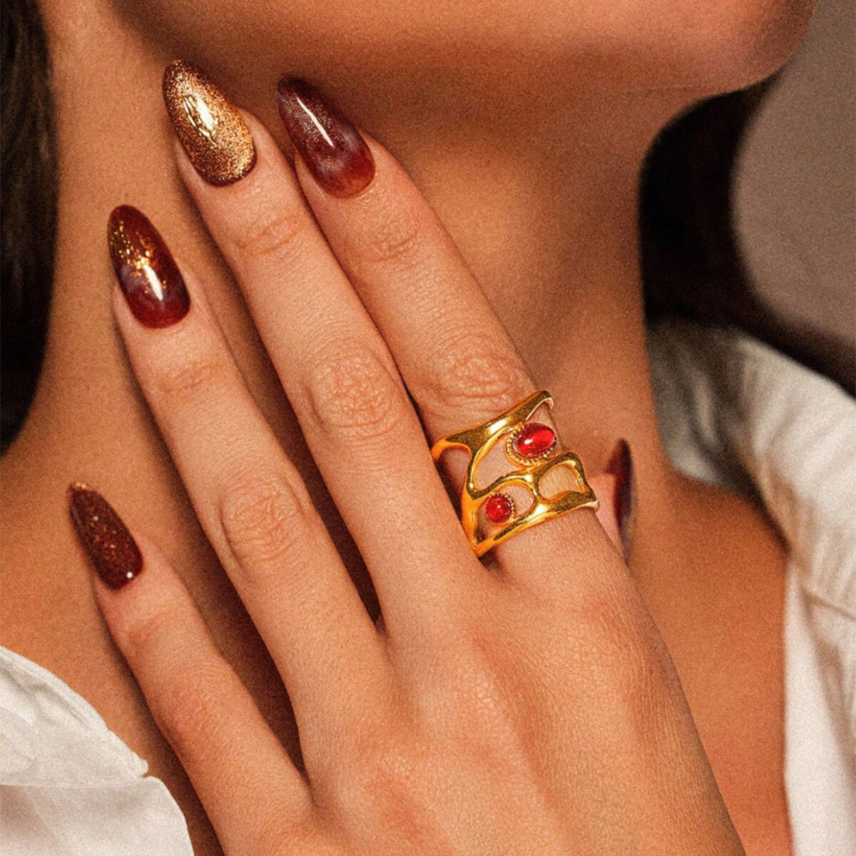 1 Piece Simple  Retro Irregular Shape Stainless Steel Waterproof  Gold Color Women's Statement Rings h5 Picture2