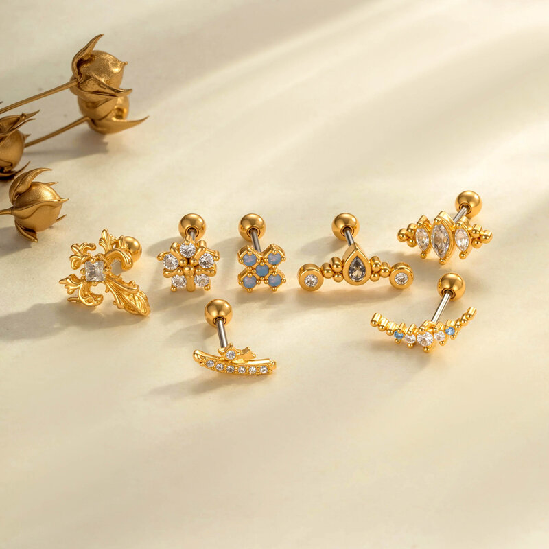 1 Piece Intricate Flower Cross Copper Gold Color Zircon Women's Piercing Earrings h5 Picture5