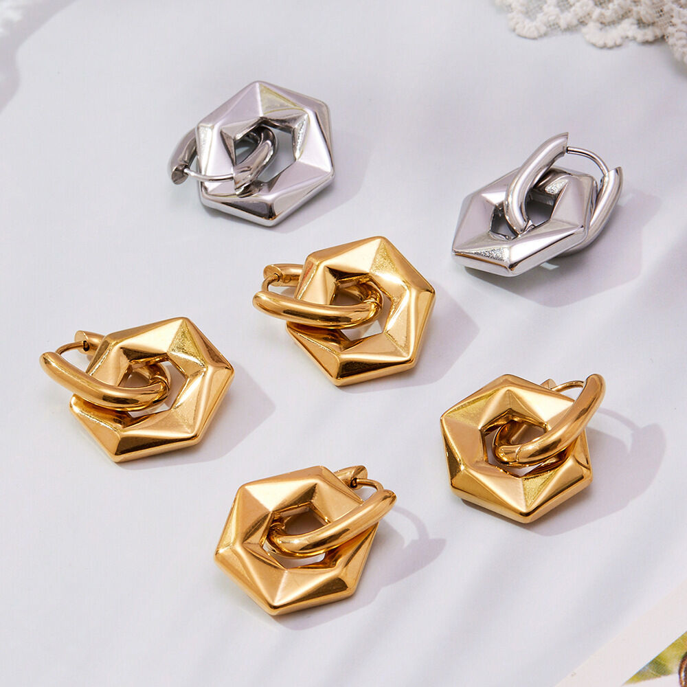 1 Pair Hexagon Hollowed-out Stainless Steel Waterproof Gold Color Women's Drop Earrings h5 Picture3