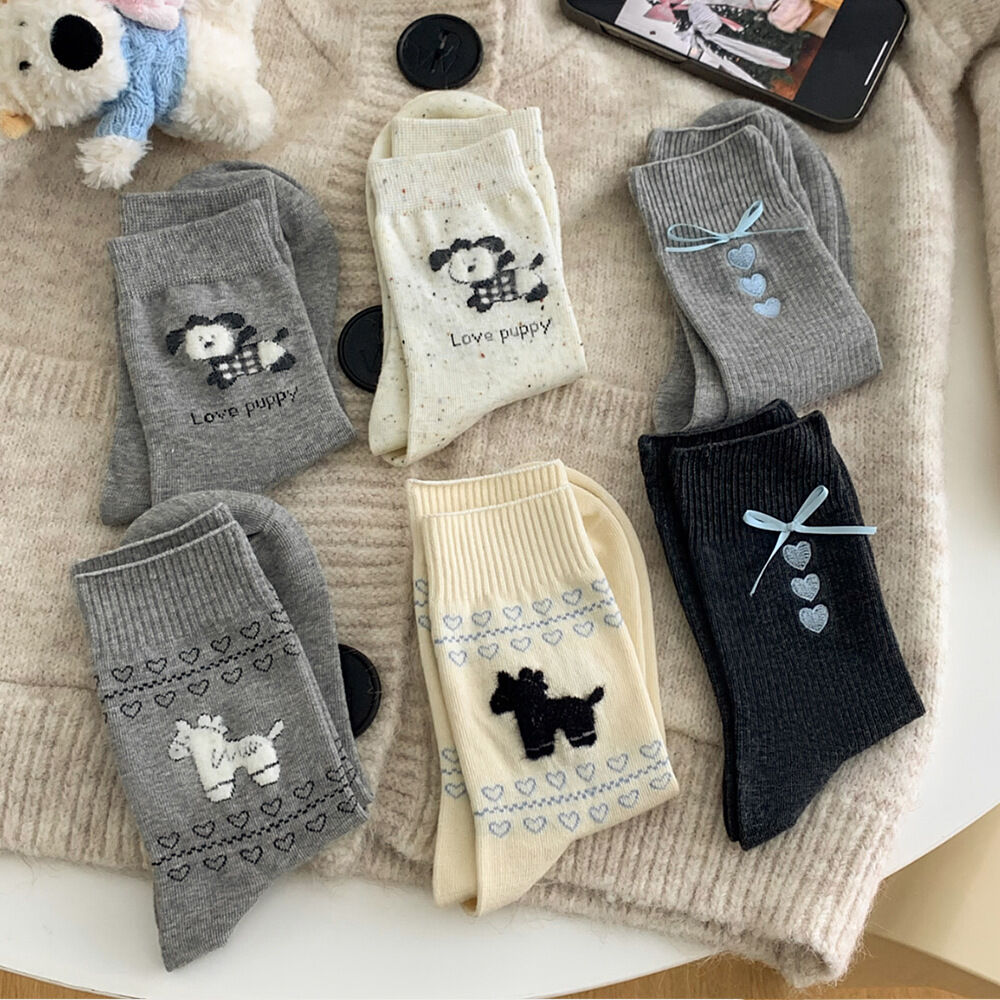 1 Pair Cute Puppy Themed Bow - knots Hearts Mid-Calf Socks