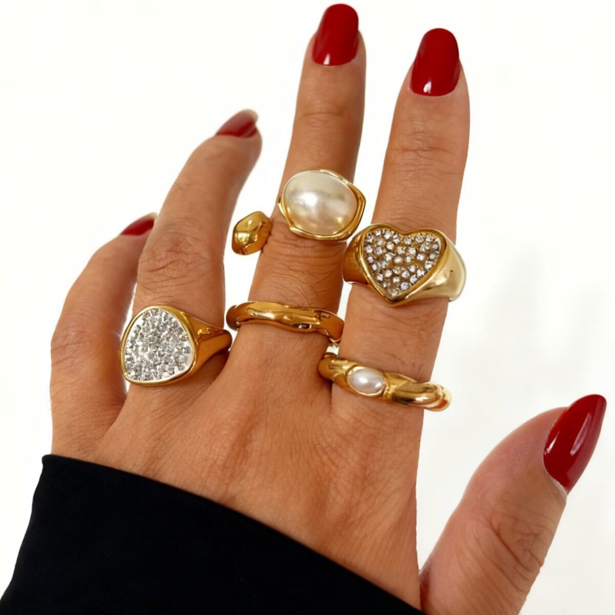 1 Piece Heart Imitation Pearl Gold Color Statement Ring