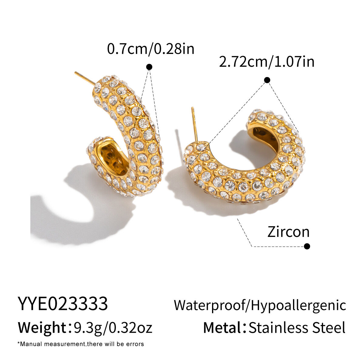 1 Pair Luxurious C-shape Stainless Steel Waterproof Gold Color Rhinestone Hoop Earrings