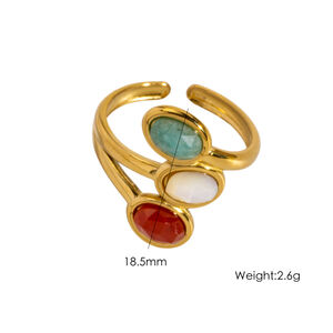 Elegant Three Oval Natural Stone Stainless Steel Waterproof&Anti-tarnish Gold Color Women's Gemstone Rings h5