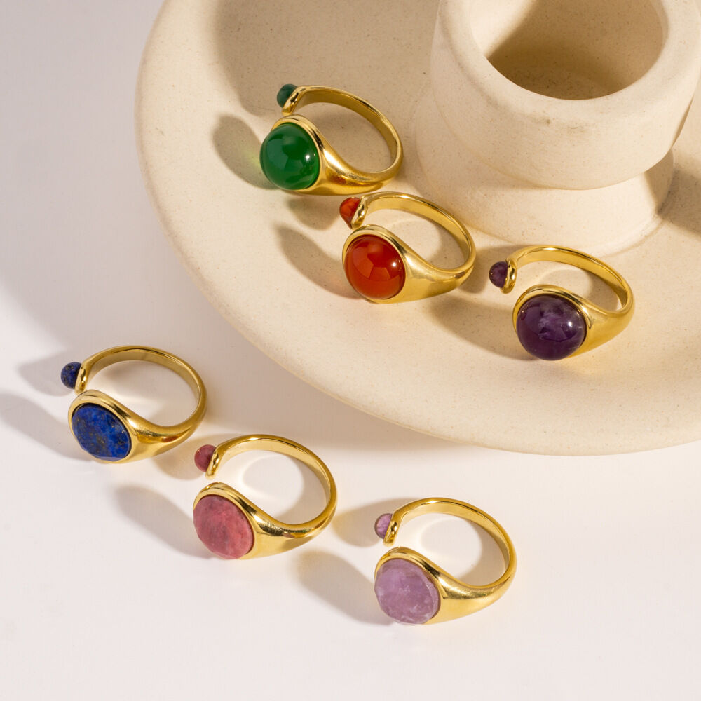 Classic Circle Double Natural Stone Stainless Steel Waterproof&Anti-tarnish Gold Color Women's Gemstone Rings 2