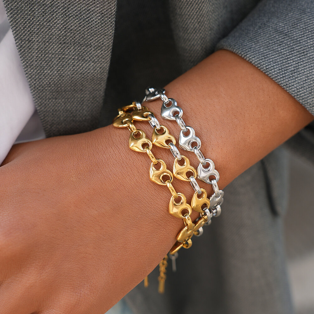 1 Piece Elegant Heart - shaped Chain Stainless Steel Waterproof Gold Color Women's Bracelets Sets Picture7