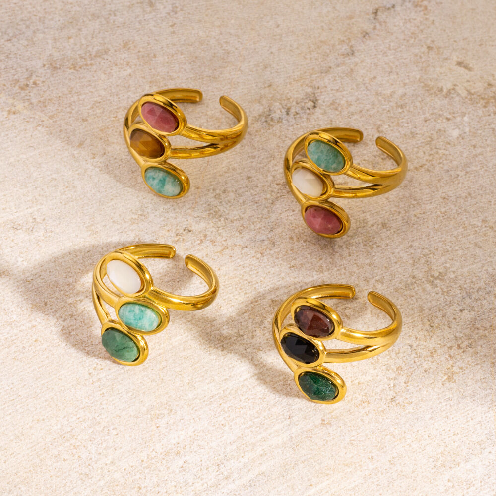 Elegant Three Oval Natural Stone Stainless Steel Waterproof&Anti-tarnish Gold Color Women's Gemstone Rings