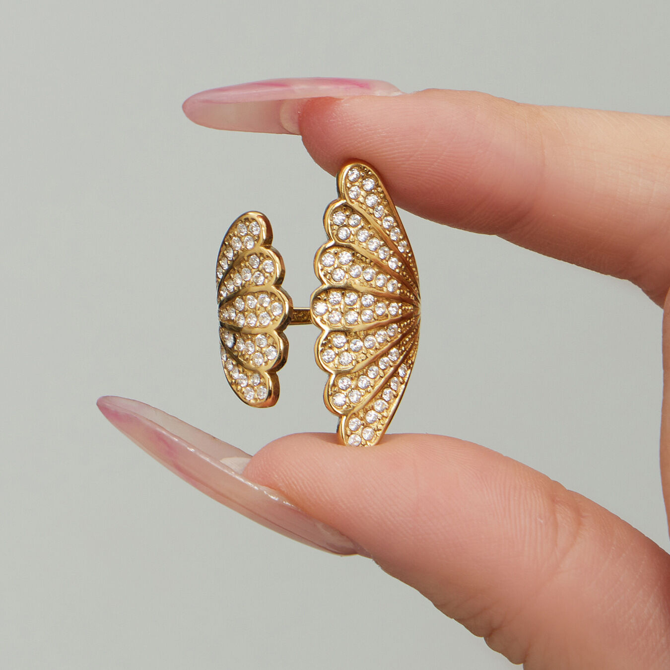 Ornate Shell Stainless Steel Waterproof Anti - Tarnish Gold Color Zircon Women's Gemstone Rings Picture5