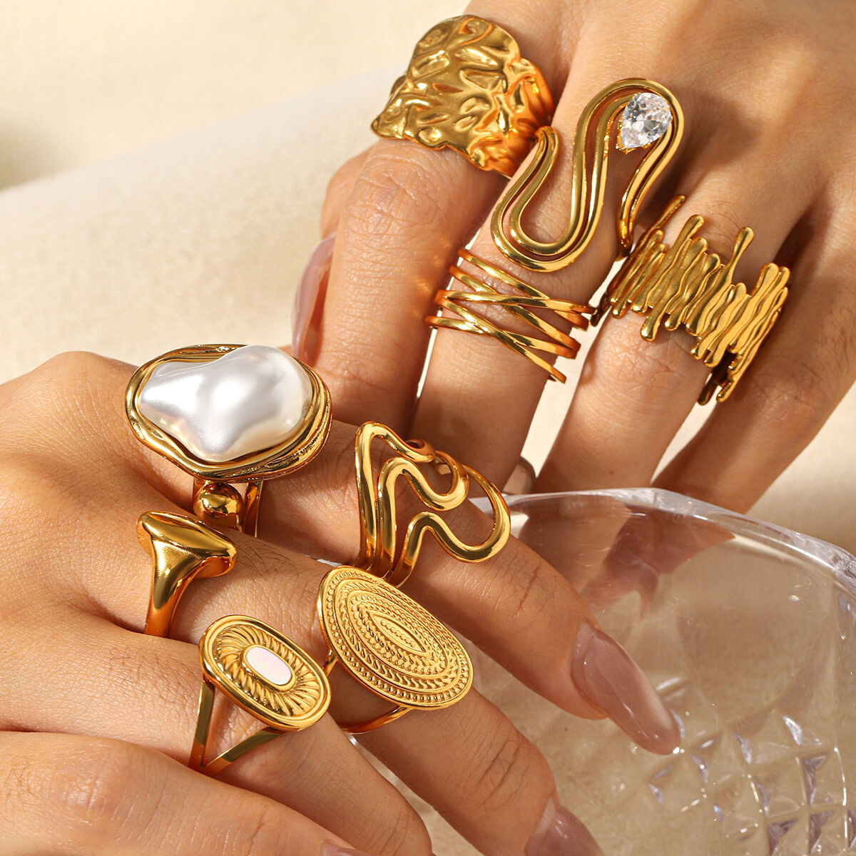 Irregular Shape Stainless Steel Waterproof  Gold Color Zircon Statement Ring