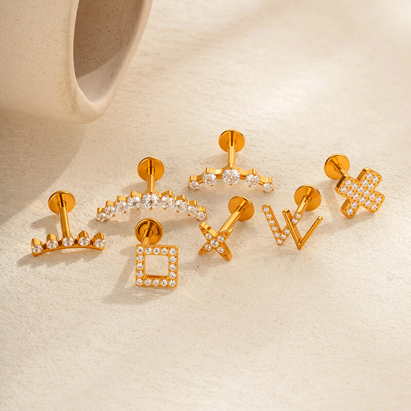 Rectangle ASTM F136 Titanium Alloy Gold Color  Zircon Women's Piercing Earrings 2