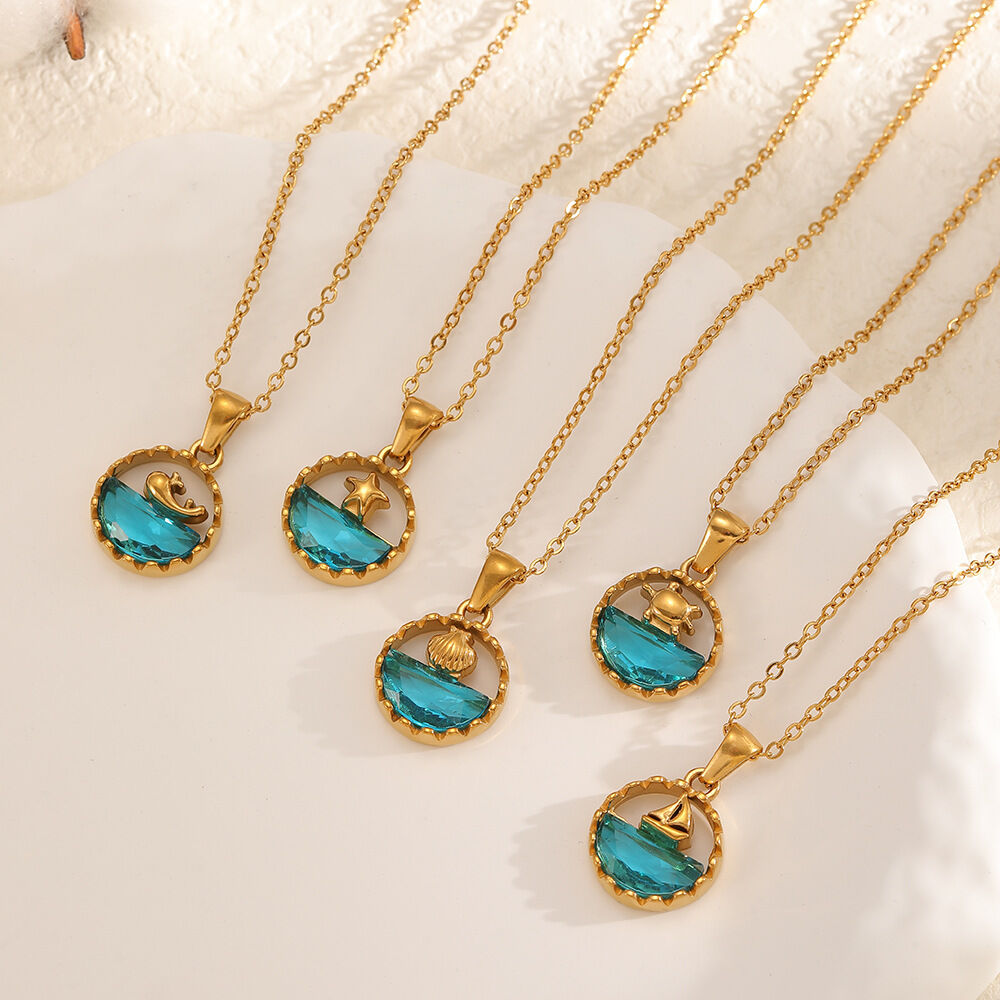 Vacation Sea Stainless Steel Waterproof Gold Color Rhinestone Women's Pendant Necklaces Picture2