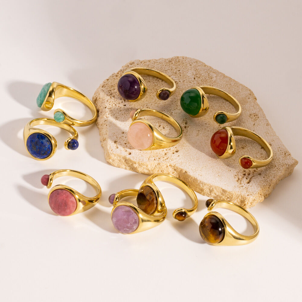 Classic Circle Double Natural Stone Stainless Steel Waterproof&Anti-tarnish Gold Color Women's Gemstone Rings