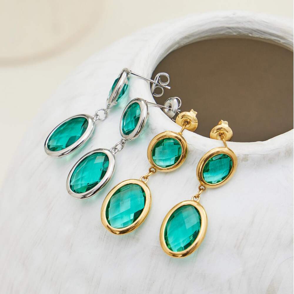 1 Pair Glamorous Round Glass Stainless Steel Waterproof Gold Color Women's Drop Earrings h5Picture6