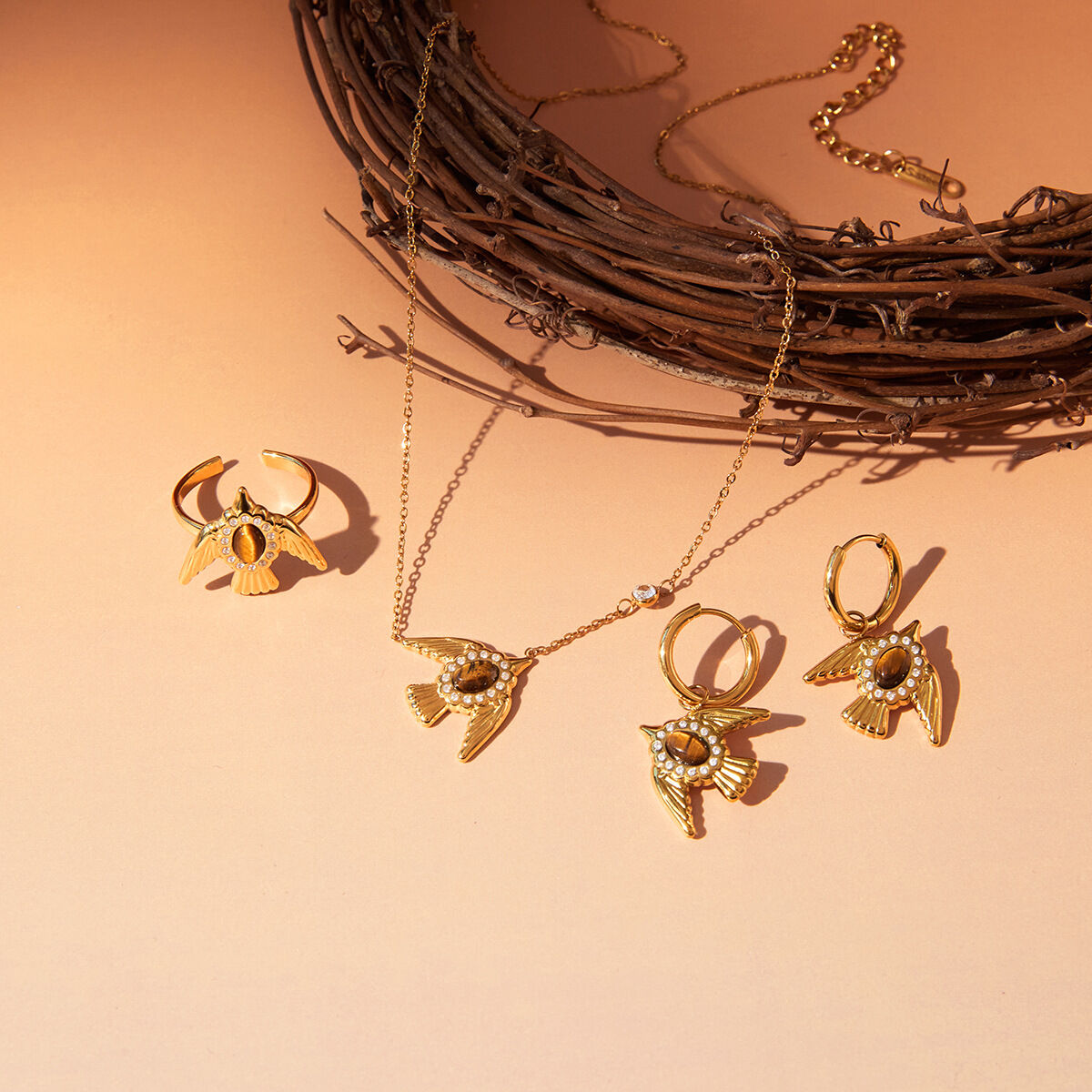 Delicate Bird Natural Stone Stainless Steel Waterproof Gold Color Women's Jewelry Sets h5 Picture4