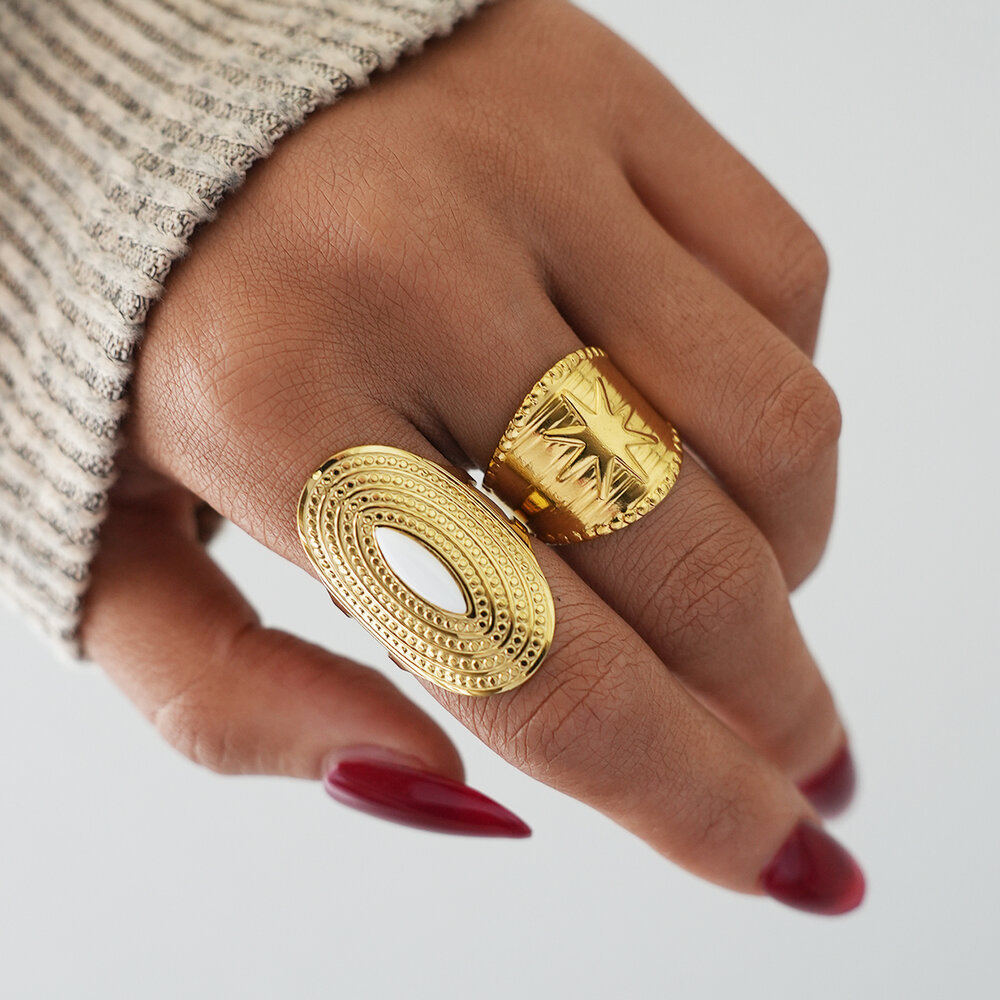 1 Stück gehämmertes, wasserfestes und anlaufgeschütztes Edelstahl-Statement-Ring in Goldfarbe für Damen h5Bild3