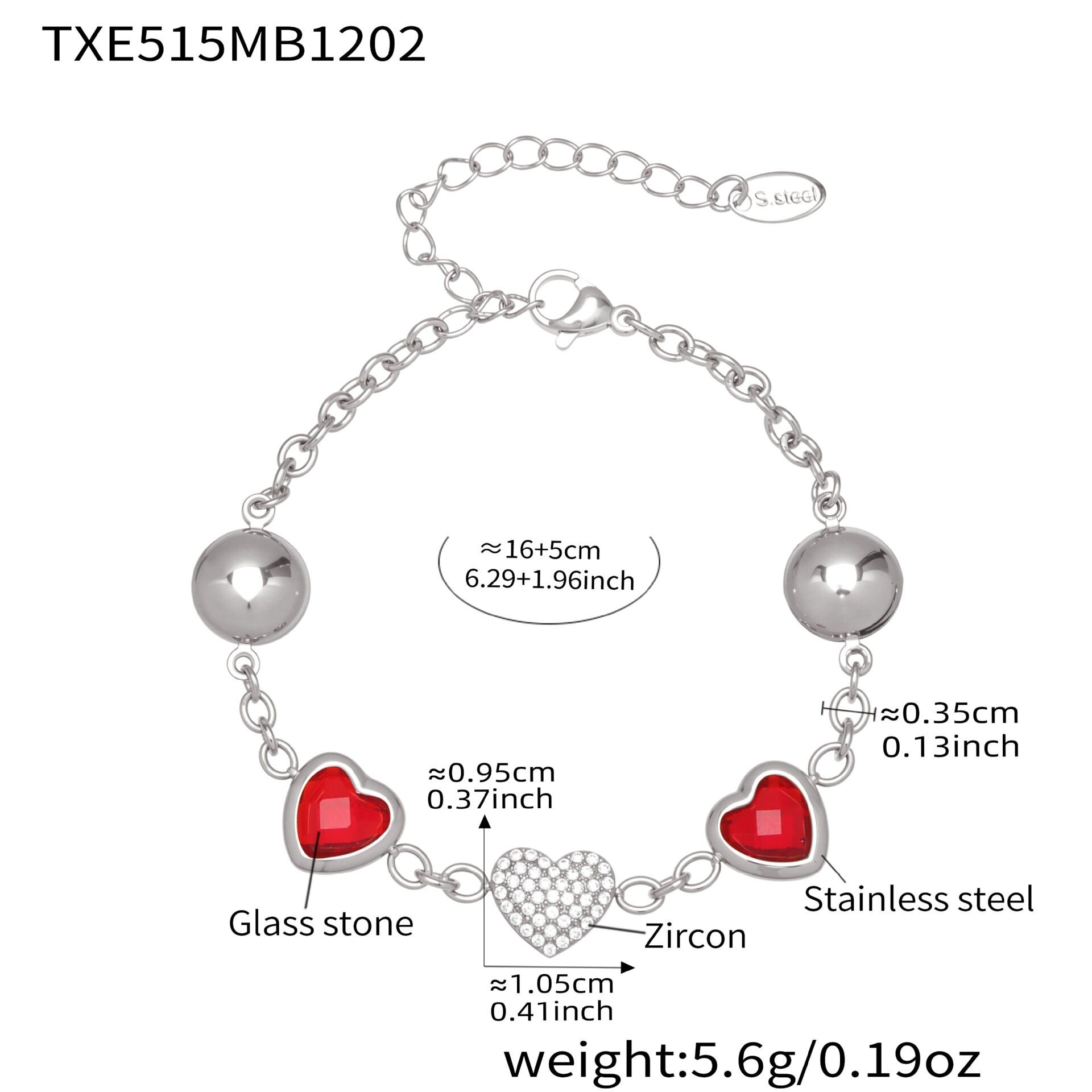 Txe515 - Red Glass Stone Steel Bracelet 16+5Cm Picture18