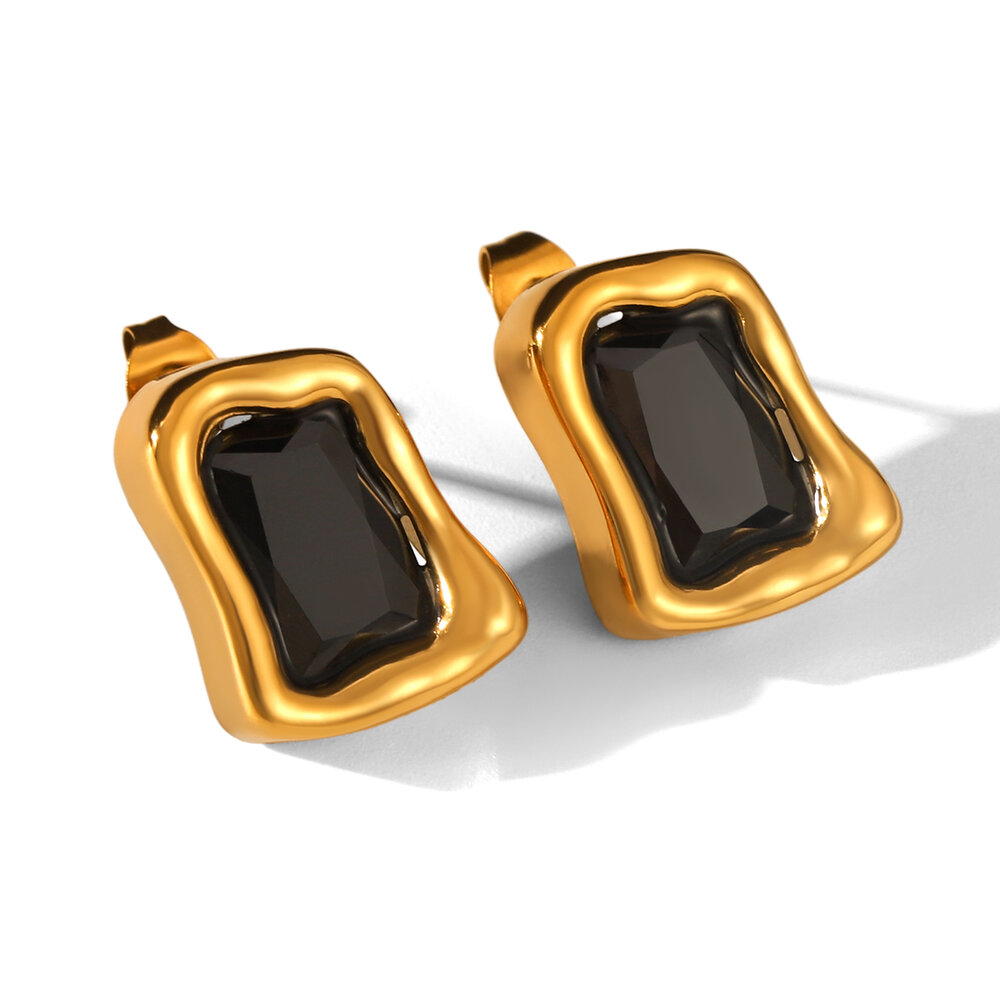 Luxuriöse rechteckige Edelstahl-Ohrstecker für Damen, wasserfest, anlaufgeschützt, goldfarben, mit Zirkonia