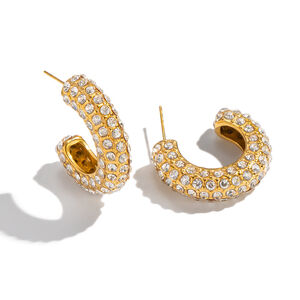1 Pair Luxurious C-shape Stainless Steel Waterproof Gold Color Rhinestone Hoop Earrings h5 Picture5
