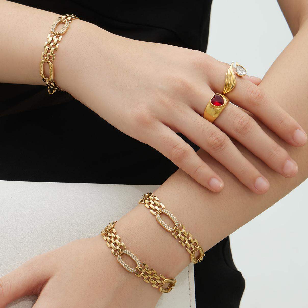 Modern Chain Oval Stainless Steel Waterproof Anti - Tarnish Gold Color Zircon Women's Chain Bracelets