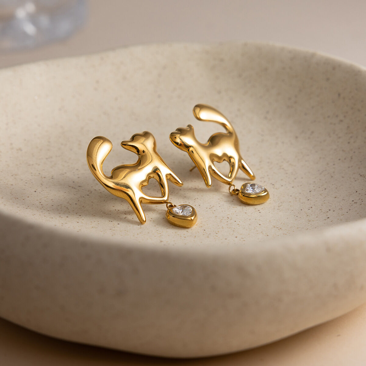 Designable Cat Zircon Stainless Steel Waterproof&Anti-tarnish Gold Color Women's Drop Earrings