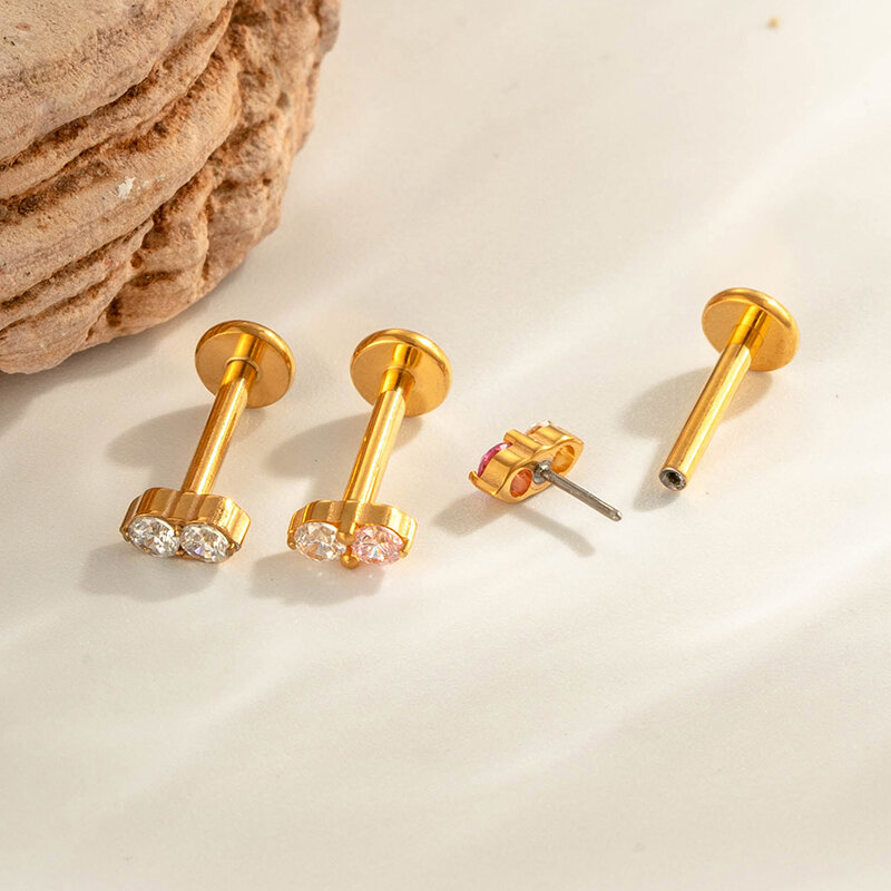 Double Round Titanium Alloy Gold Color Zircon Women's Piercing Earrings h5Picture4