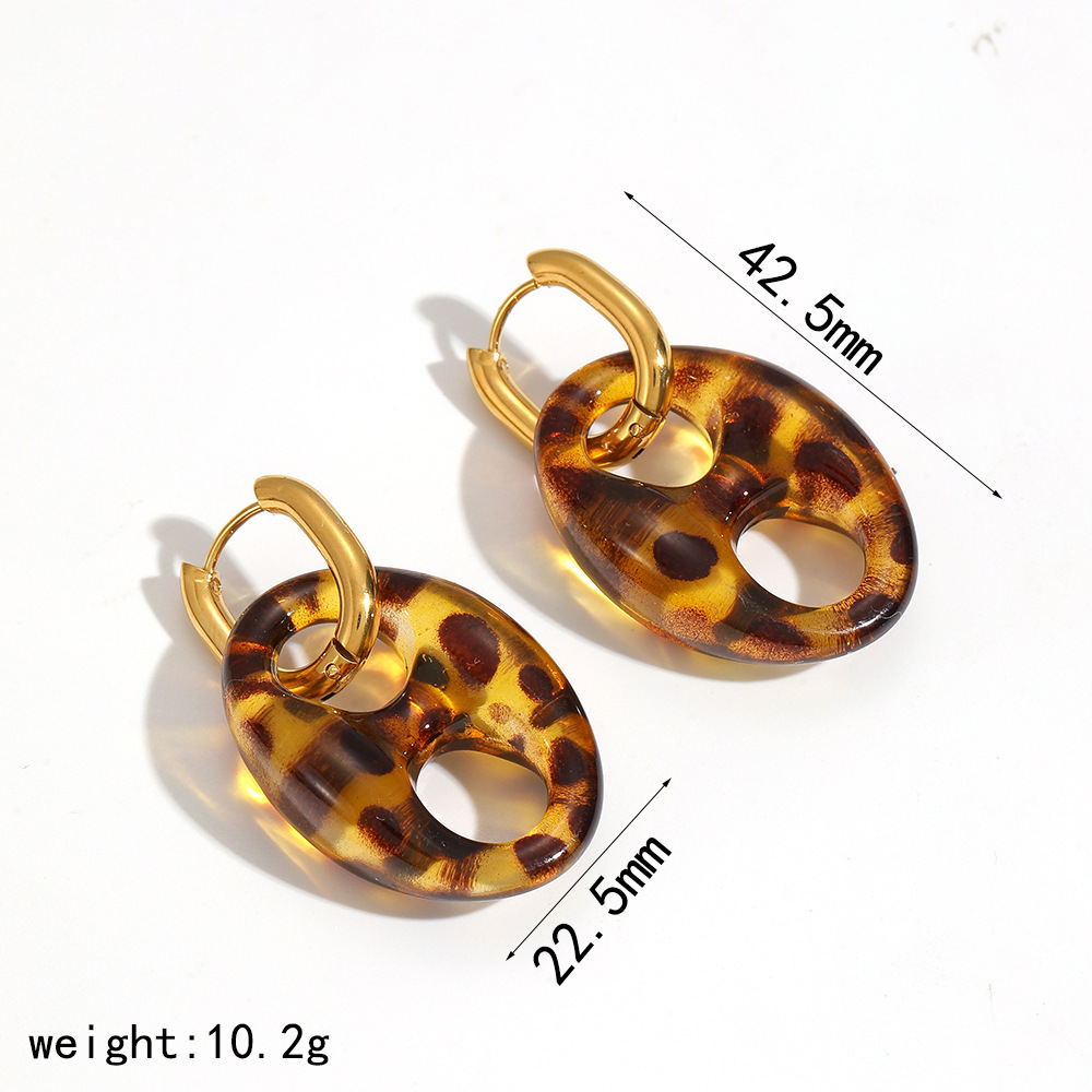 1 Pair Daily Leopard Print Oval Stainless Steel Waterproof Gold Color Women's Dangle Earrings Picture2
