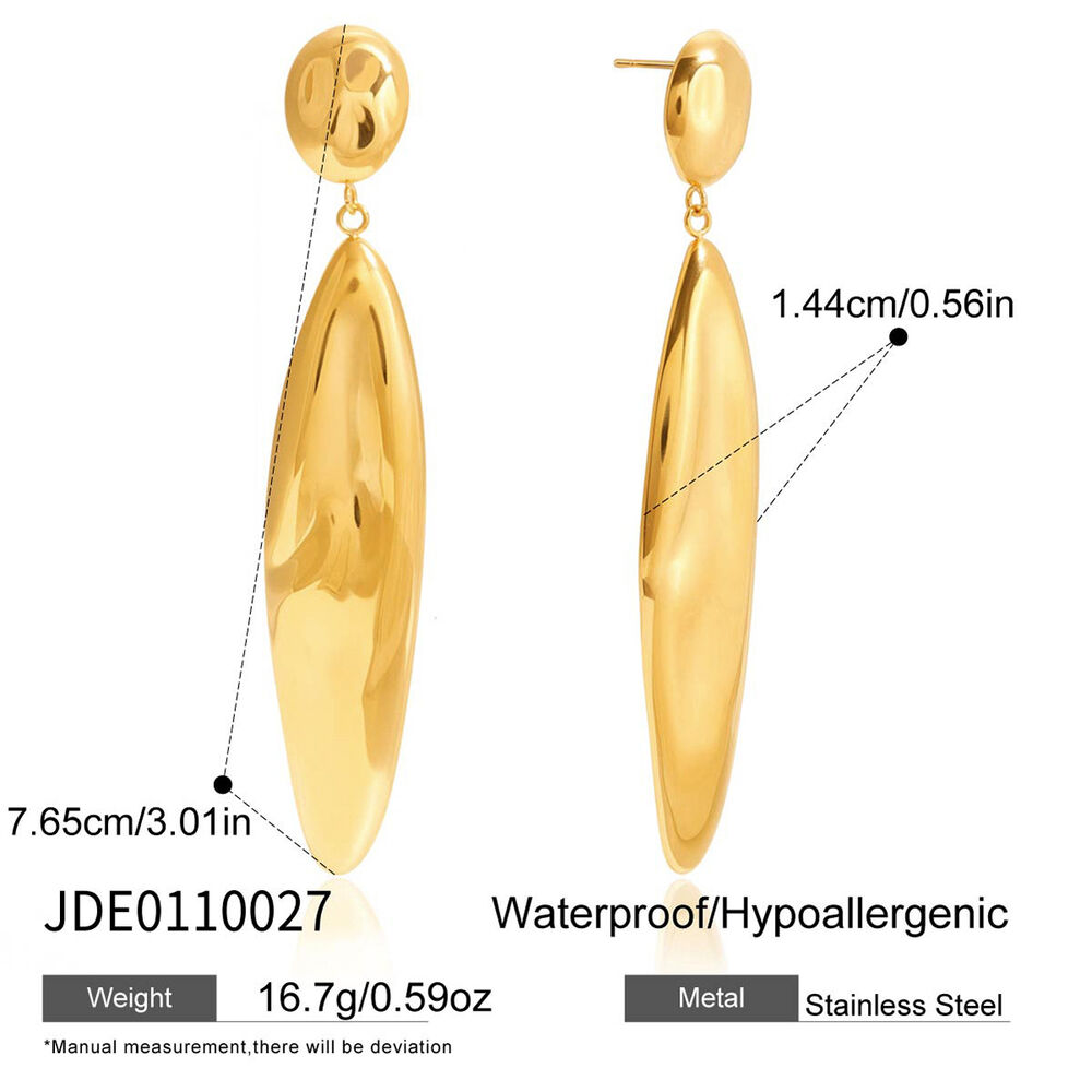 1 Pair Statement Solid Color Oval Stainless Steel Waterproof Gold Color Women's Dangle Earrings h5Picture2