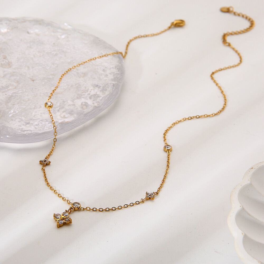 Delicate Clover Stainless Steel Waterproof  Anti - Tarnish Gold Color Zircon Women's Pendant Necklaces