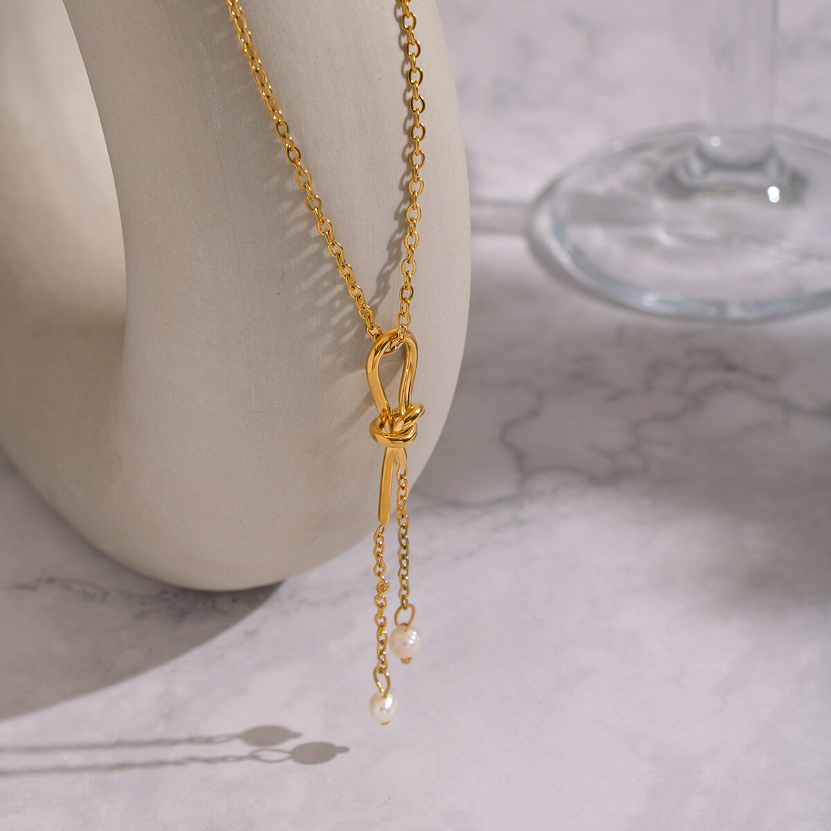 1 Piece Tassel Chain Stainless Steel Waterproof Gold Color Pearl Pendant Necklace h5 Picture2