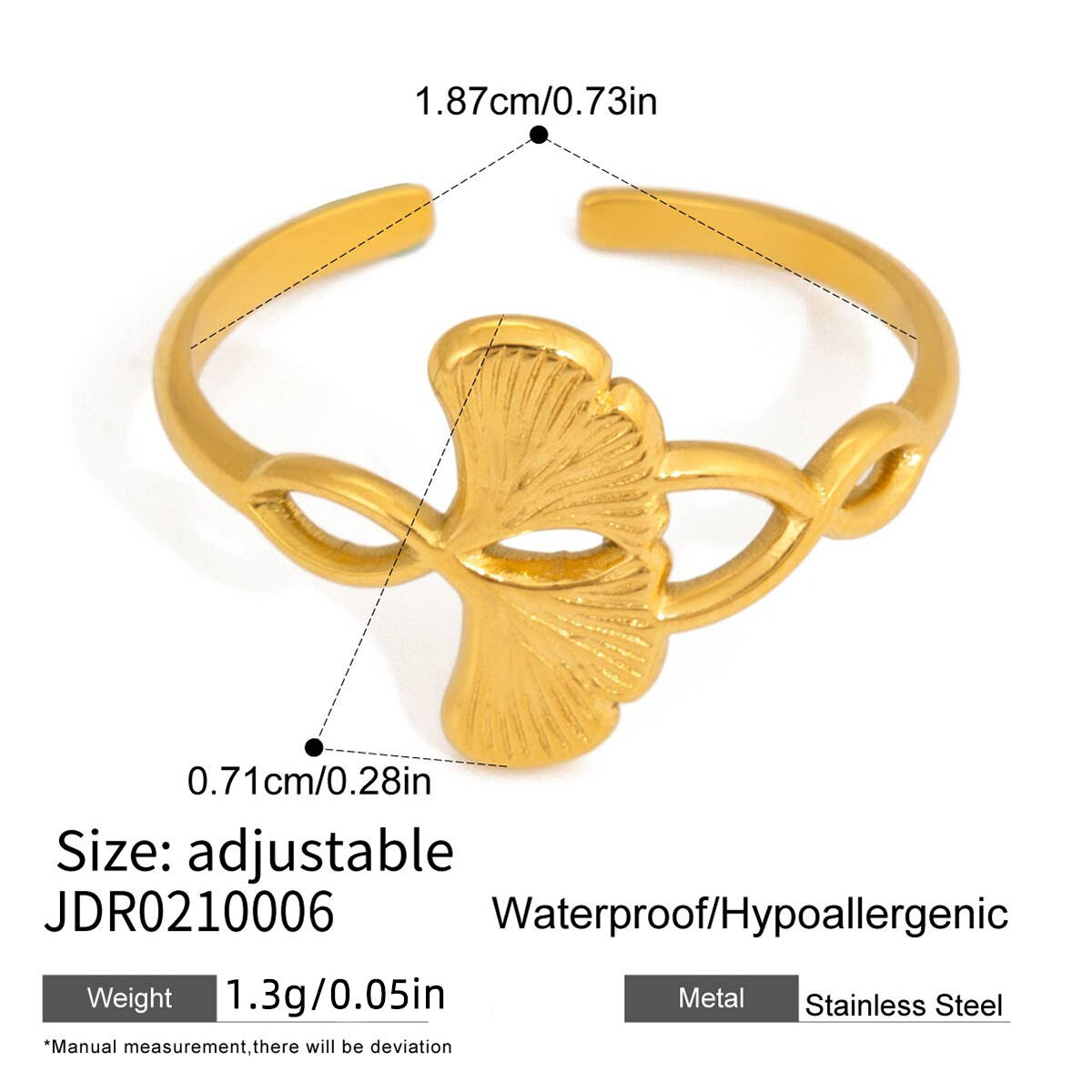 1 stuk eenvoudige, waterdichte, goudkleurige statement ring met ginkgobladmotief, roestvrij staal Afbeelding2