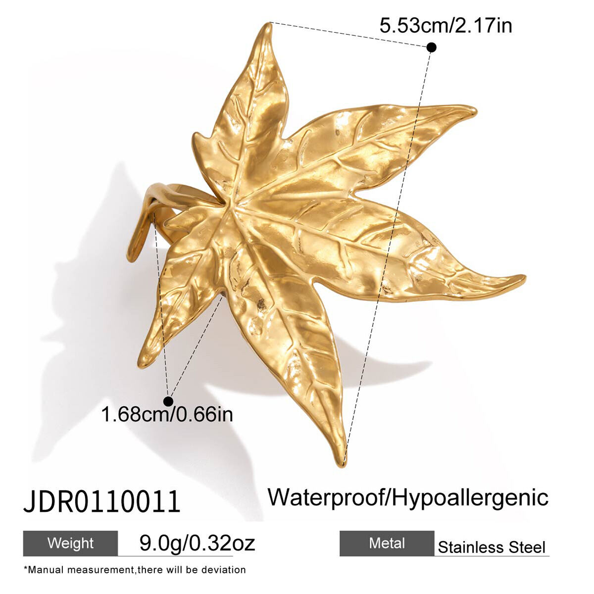 1 Piece Natural Maple Leaf Stainless Steel Waterproof Gold Color Statement Rings Picture2