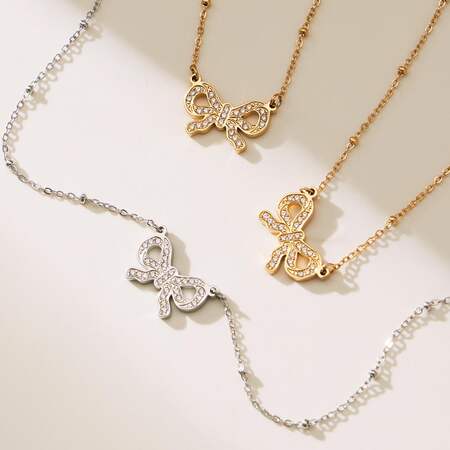 1 Piece Romantic Heart Bow Knot Stainless Steel Waterproof Zircon Women's Pendant Necklaces