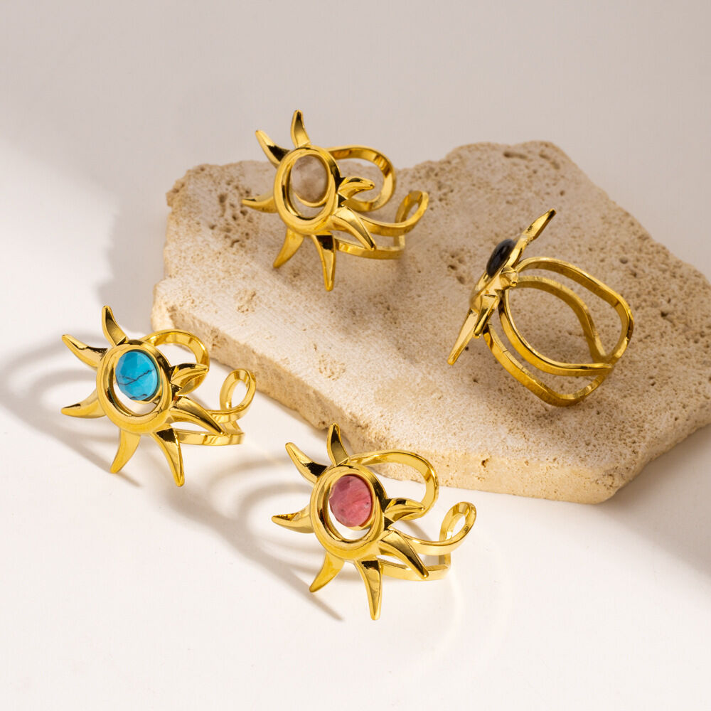 Designable Sun Natural Stone Stainless Steel Waterproof&Anti-tarnish Gold Color Women's Gemstone Rings Picture4