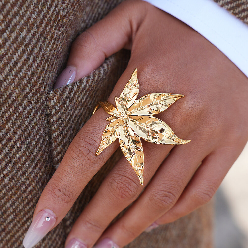 Vivid Maple Leaf Stainless Steel Waterproof&Anti-tarnish Gold Color Statement Rings Picture5