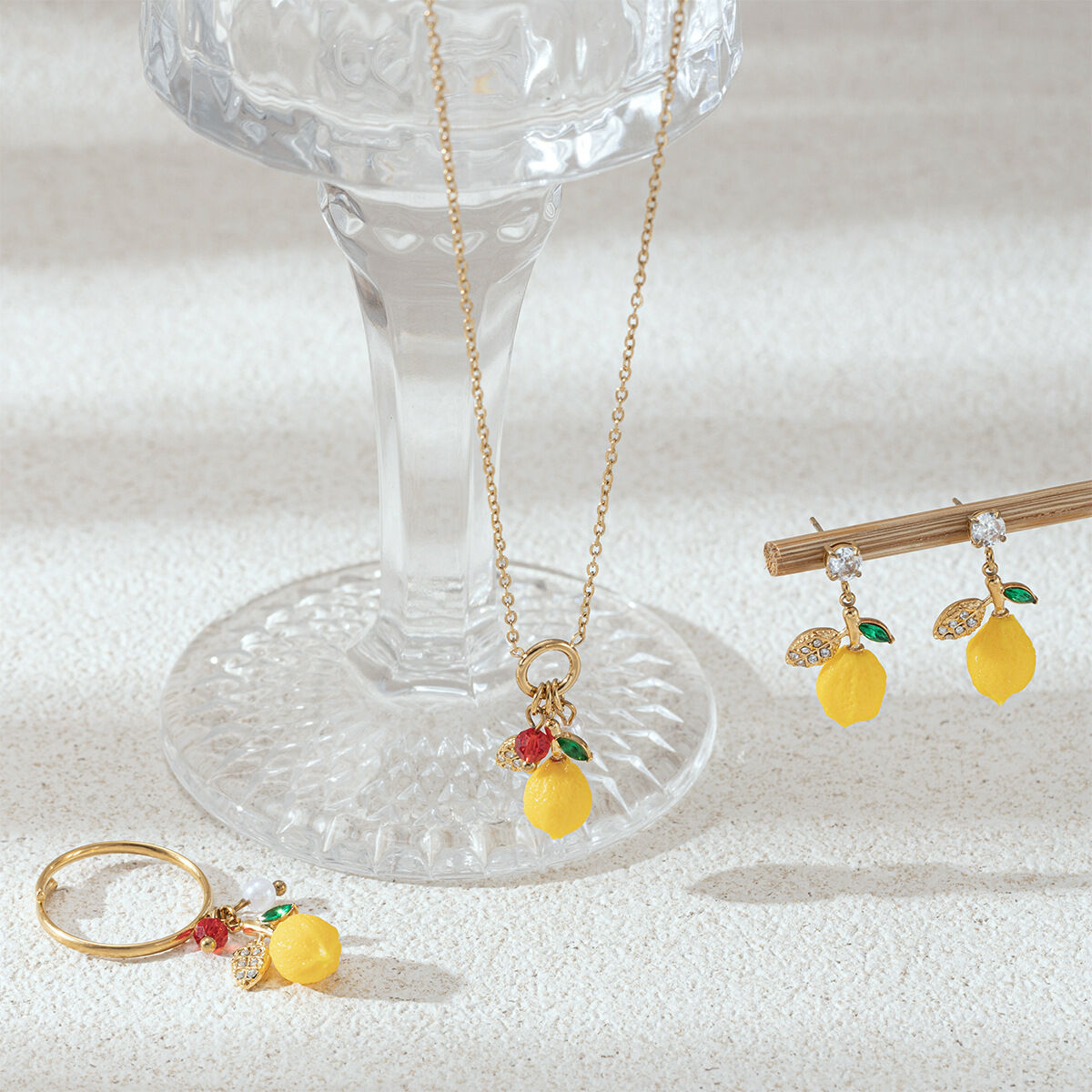 1 Piece Vivid Lemon Stainless Steel Waterproof Gold Color Zircon Women's Necklaces Sets h5 Picture4