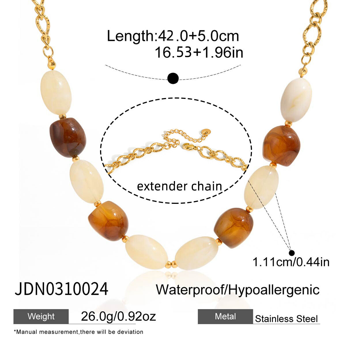 Retro Irregular Shape Resin Stainless Steel Waterproof Gold Color Women's Beaded Necklaces h5 Picture2