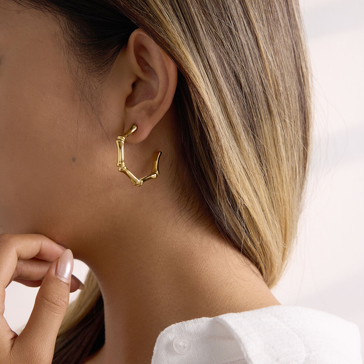 Classic Bamboo Joint Circle Stainless Steel Waterproof Gold Color Women's Hoop Earrings h5 Picture4