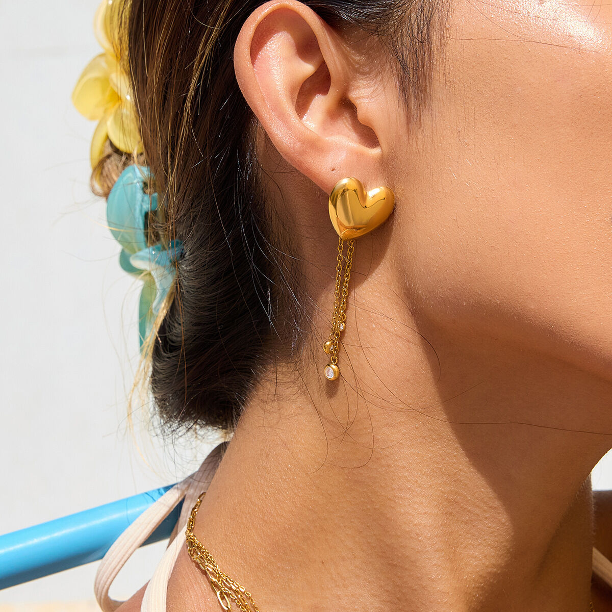 Elegant Heart Tassel Stainless Steel Waterproof&Anti-tarnish Gold Color Women's Dangle Earrings