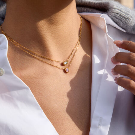 Shimmering Oval Stainless Steel Waterproof&Anti-tarnish Gold Color Zircon Women's Pendant Necklaces
