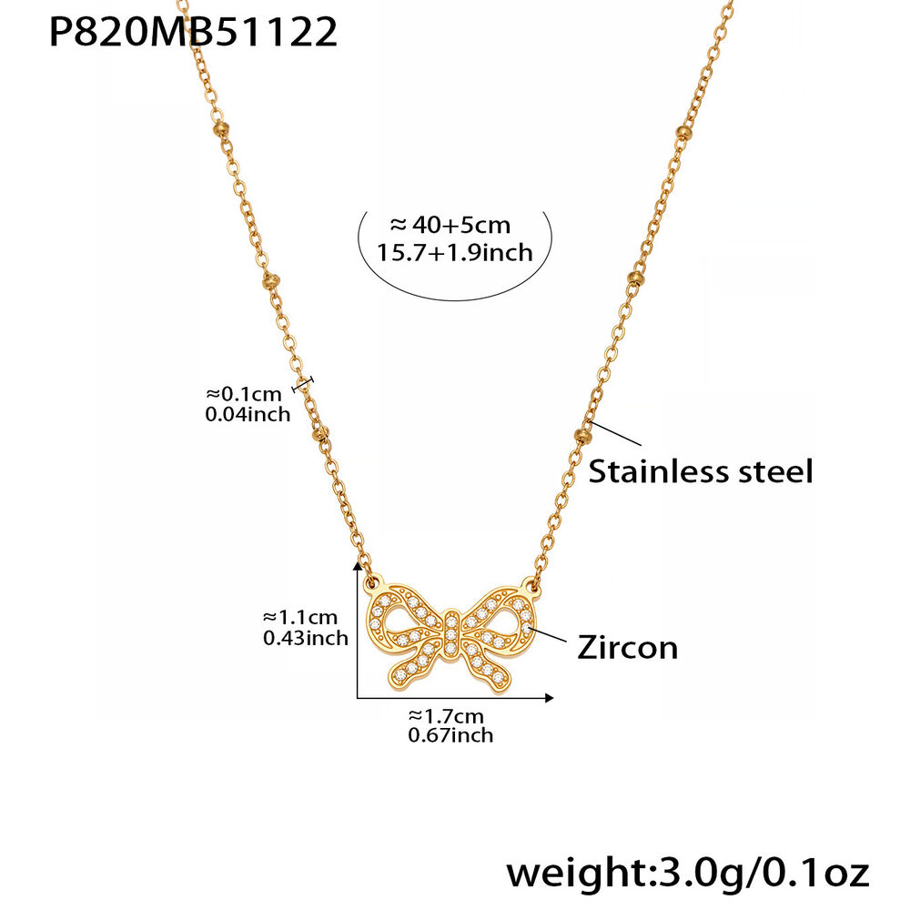 1 Piece Romantic Heart Bow Knot Stainless Steel Waterproof Zircon Women's Pendant Necklaces