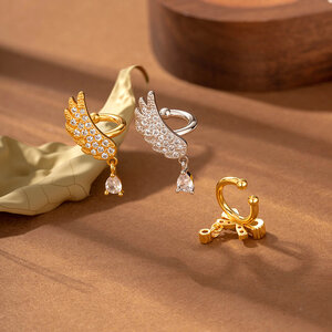 Delicate Butterfly Feather Copper Gold Color Zircon Women's Clip-On Earrings h5 Picture4