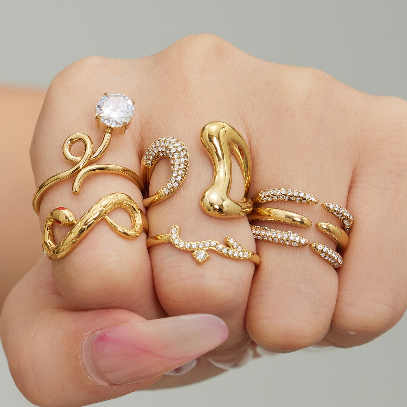 Irregular Lines Stainless Steel Gold Color Zircon Waterproof Anti - Tarnish Women's Gemstone Rings h5 Picture2