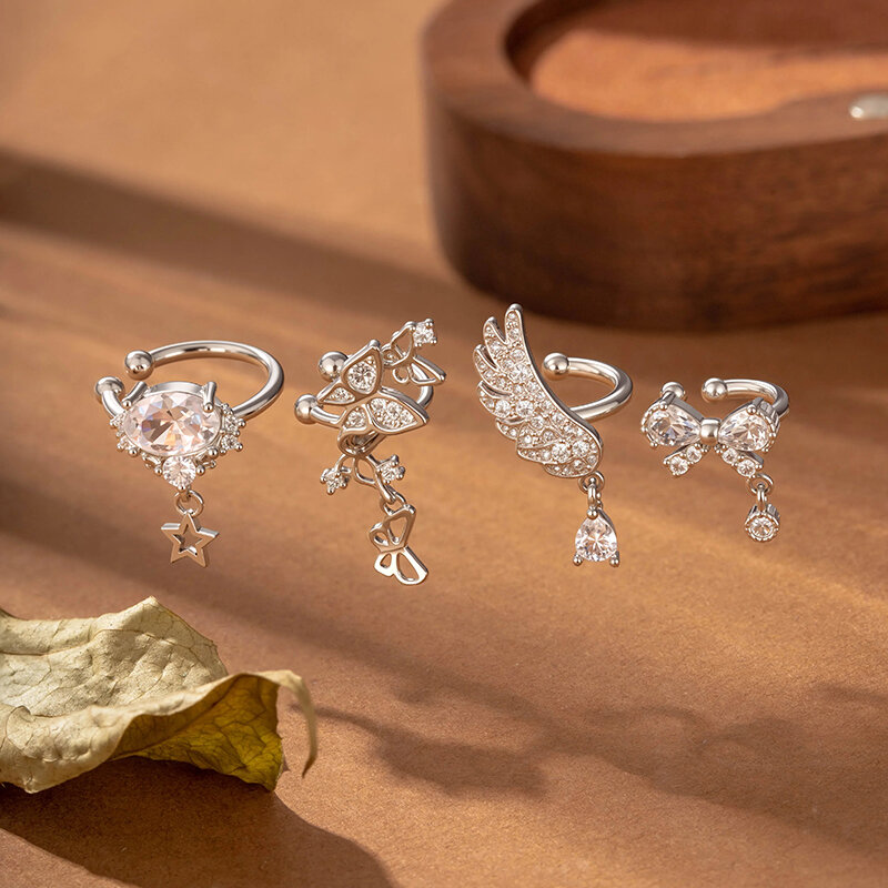 Delicate Butterfly Feather Copper Gold Color Zircon Women's Clip-On Earrings Picture3